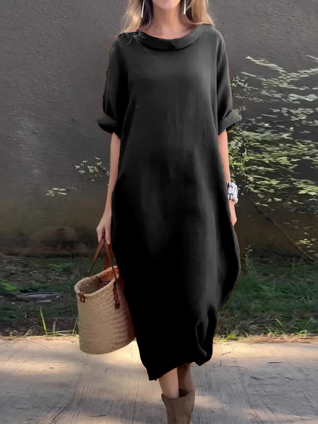 LB | Full Size Casual Loose Fit Round Neck Midi Dress Plus Size