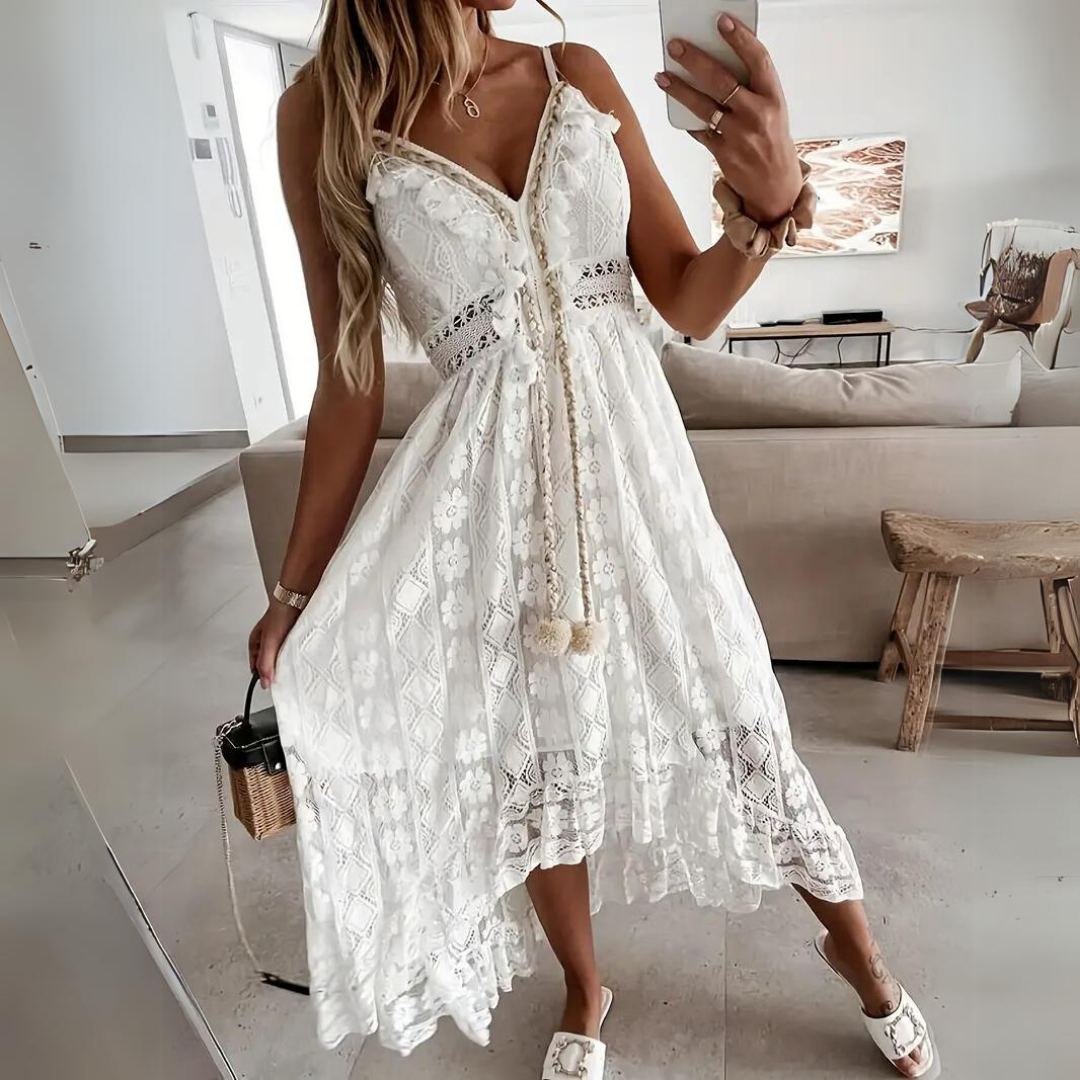 LB | Damska sukienka midi - Luźny krój - Koronkowe detale - Dekolt w szpic - Styl boho - Oddychający materiał