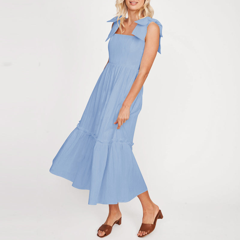LB | Ladies One Colour Tie Shoulder Ruffle Hem Maxi Dress