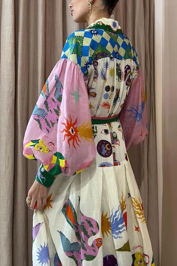 LB | Plisowana sukienka maxi w stylu retro we francuskim stylu dworskim z nadrukiem