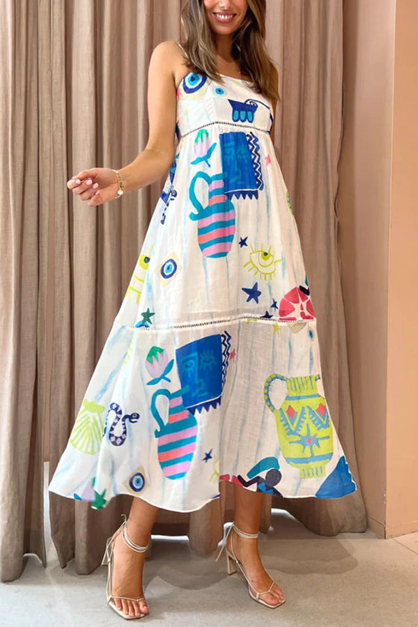 LB | She's The Fun Linen Blend Playful Print Ladder Trim Midi Dress