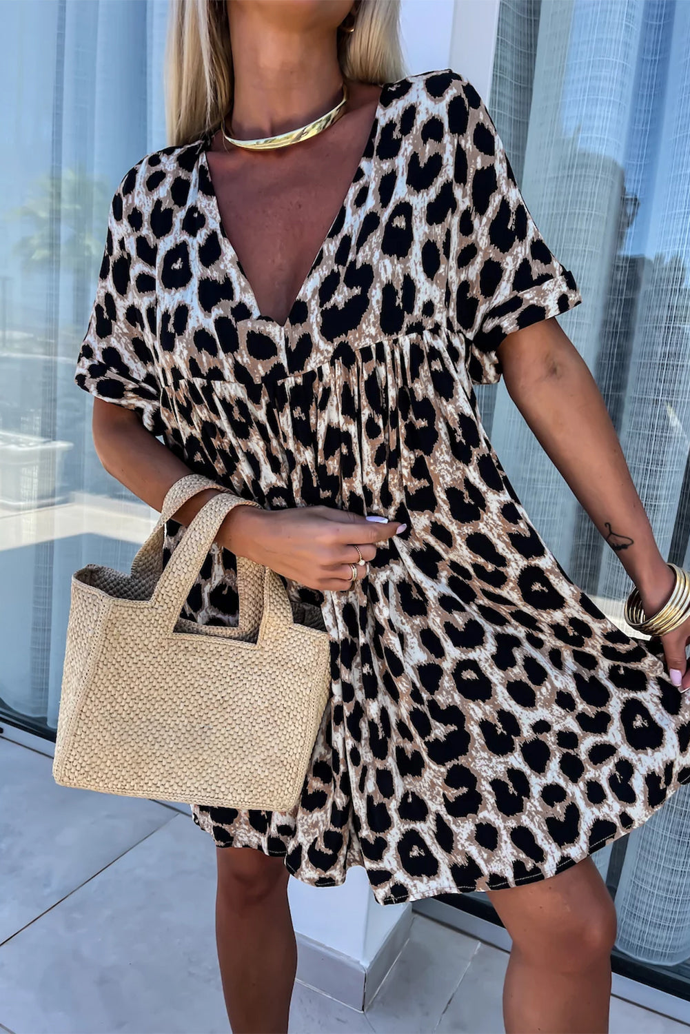 LB | Khaki Cheetah Print Backless V-Neck Luźna dopasowana mini sukienka