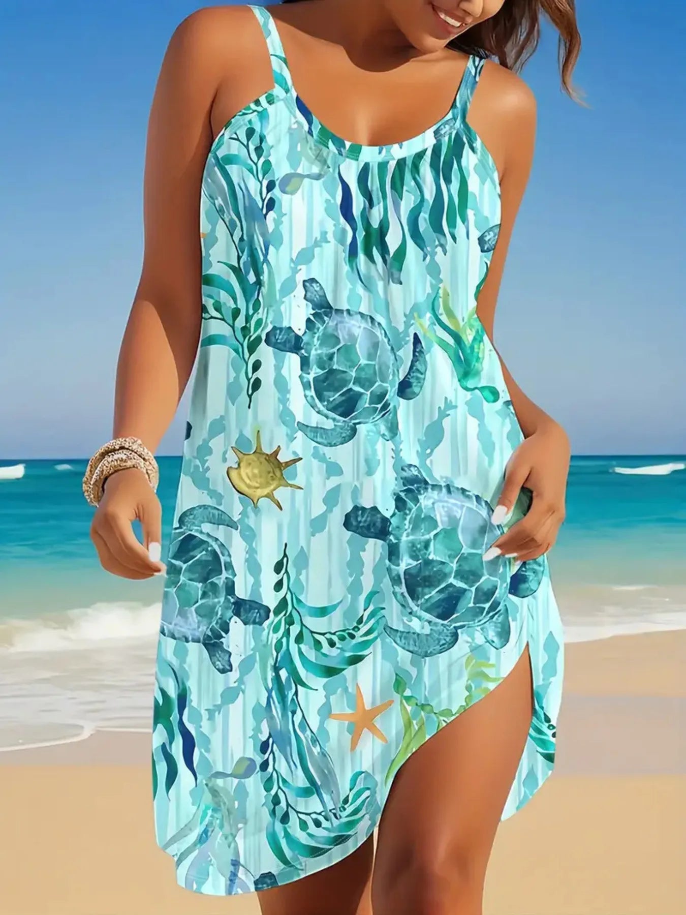 LB | Full Size Sukienka mini cami z nadrukiem i okrągłym dekoltem Plus Size