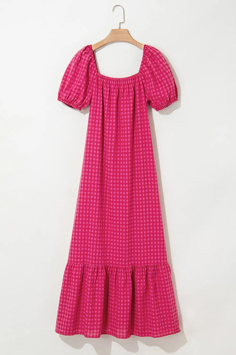 LB | SYNZ Gingham Check Bubble Sleeve Ruffled Maxi Dress