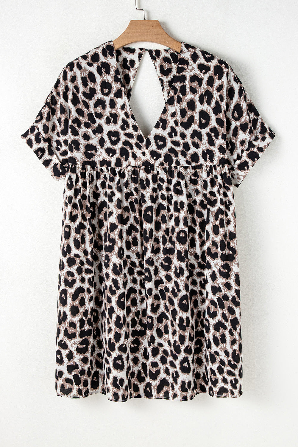 LB | Khaki Cheetah Print Backless V-Neck Luźna dopasowana mini sukienka