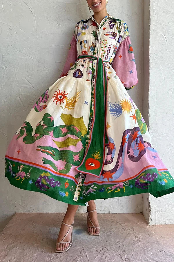 LB | Plisowana sukienka maxi w stylu retro we francuskim stylu dworskim z nadrukiem