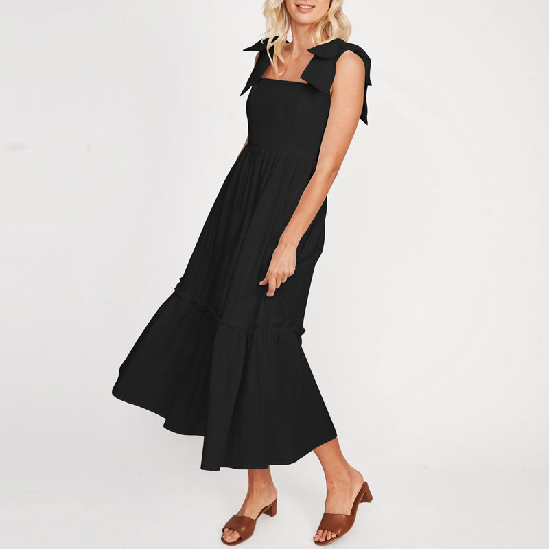 LB | Ladies One Colour Tie Shoulder Ruffle Hem Maxi Dress