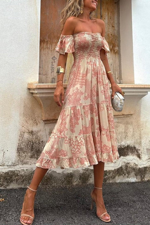 LB | Pitaya Unique Print Off Shoulder Smocked Ruffle Sleeve Warstwowa sukienka midi