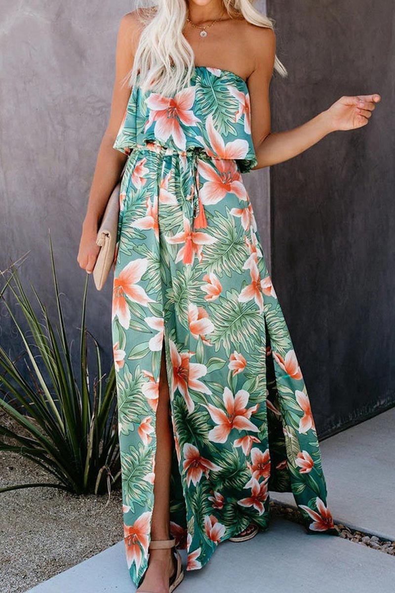 LB | Tropical Plant Print Sukienka maxi na ramiączkach z marszczonym rozcięciem