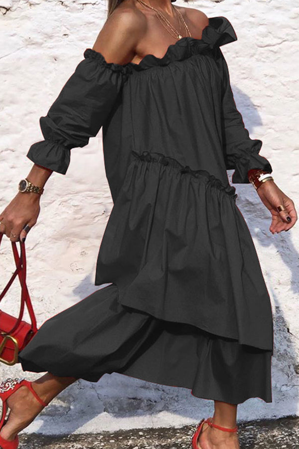 LB | Fionna Off Shoulder Ruffle Irregular Trim Luźna sukienka midi