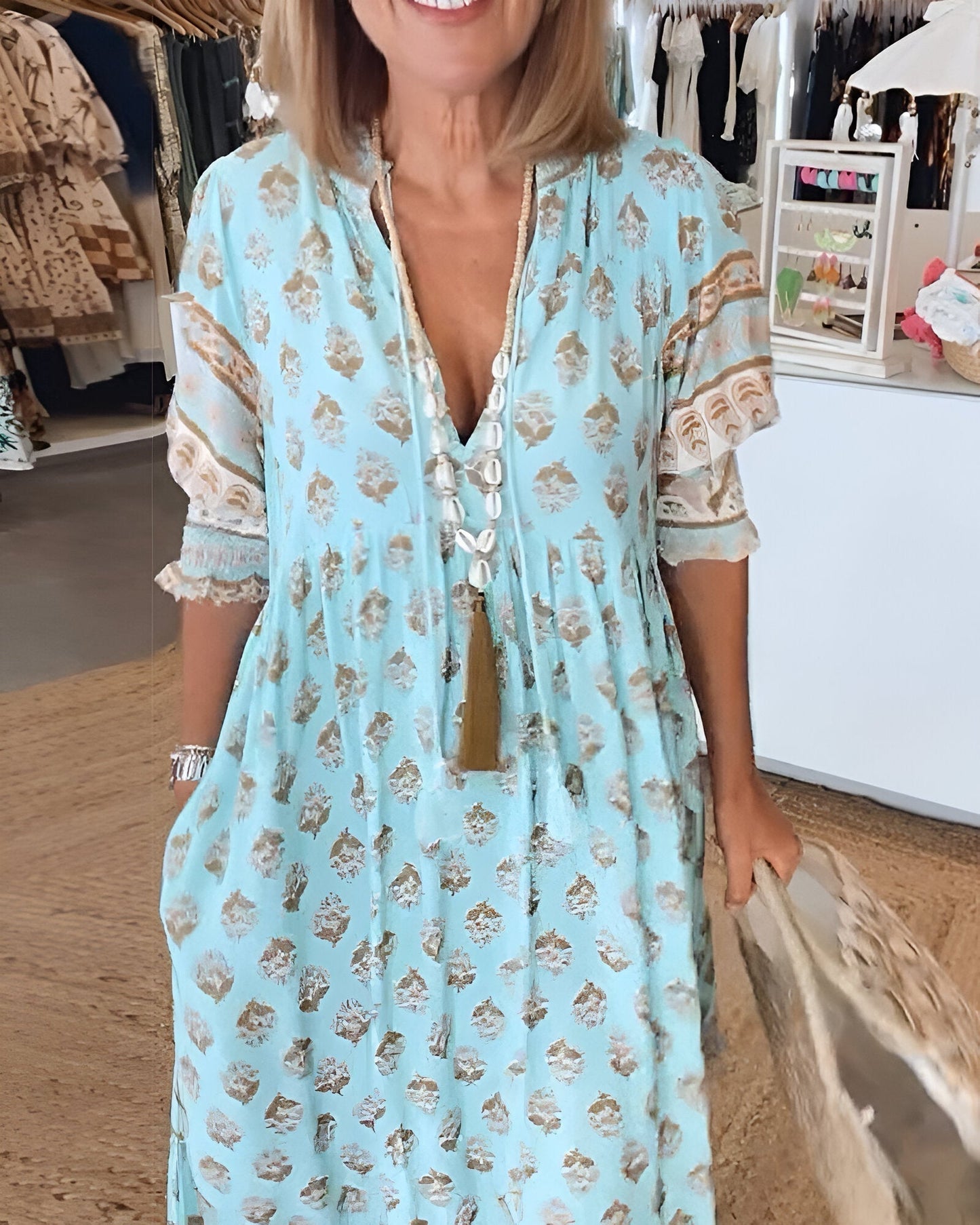 LB | Sukienka maxi w stylu boho - Dekolt w szpic - Luźny krój - Lekka i przewiewna