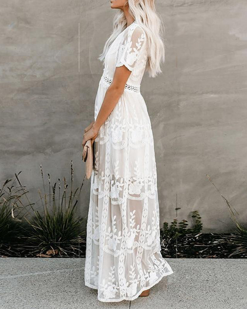LB | Boho Maxi Dress Haftowana biała koronkowa luźna wakacyjna sukienka plażowa maxi