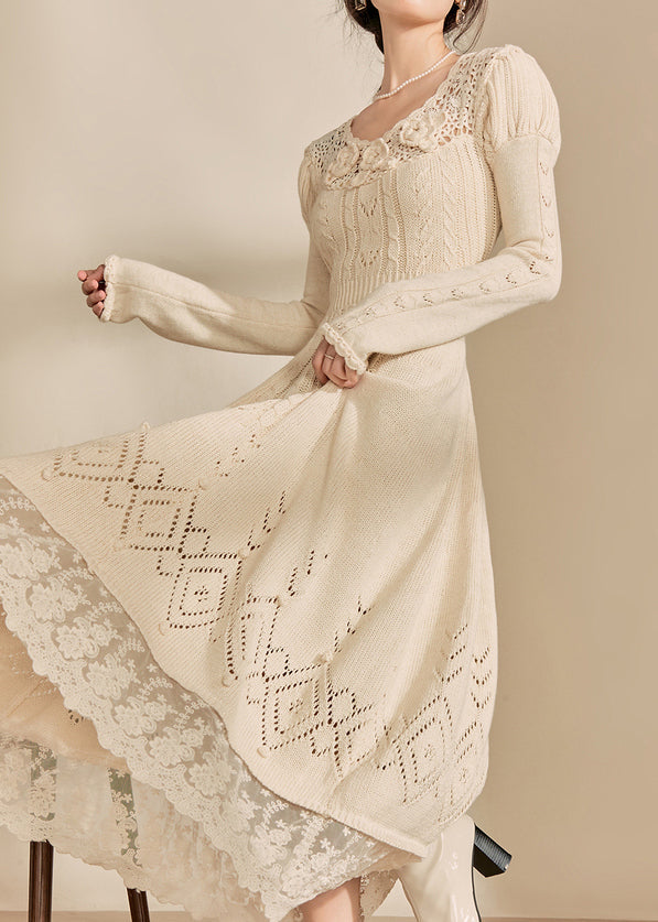 LB | Art Apricot O-neck patchwork dzianina bawełniana sukienka maxi jesień