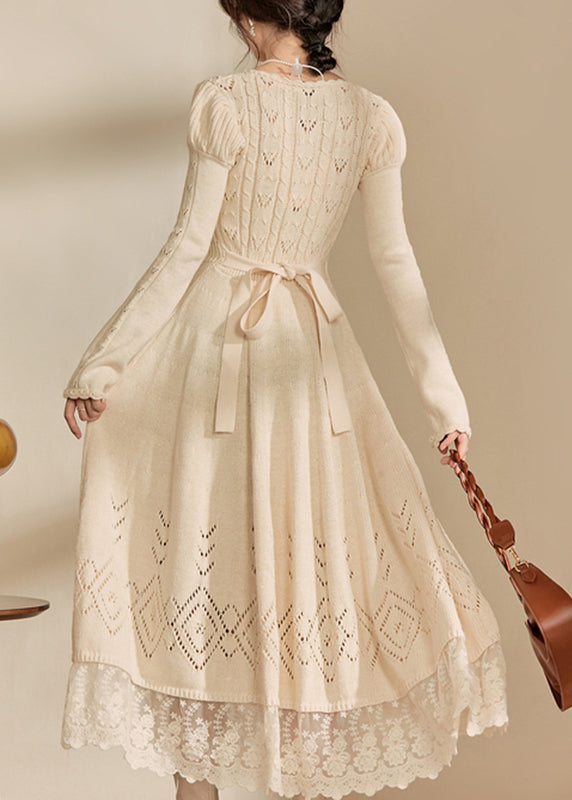 LB | Art Apricot O-neck patchwork dzianina bawełniana sukienka maxi jesień