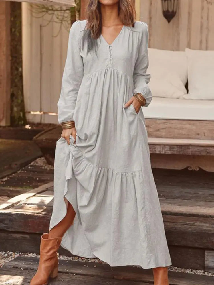 LB | 2024 Retro Jednokolorowa Sukienka Maxi BauMW |collet Boho dla kobiet