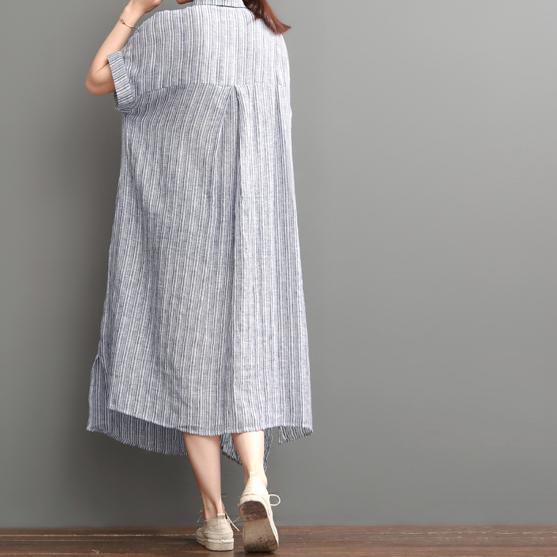 LB | Niebieska lniana sukienka maxi z otwartym rąbkiem plus size bawełniana sukienka