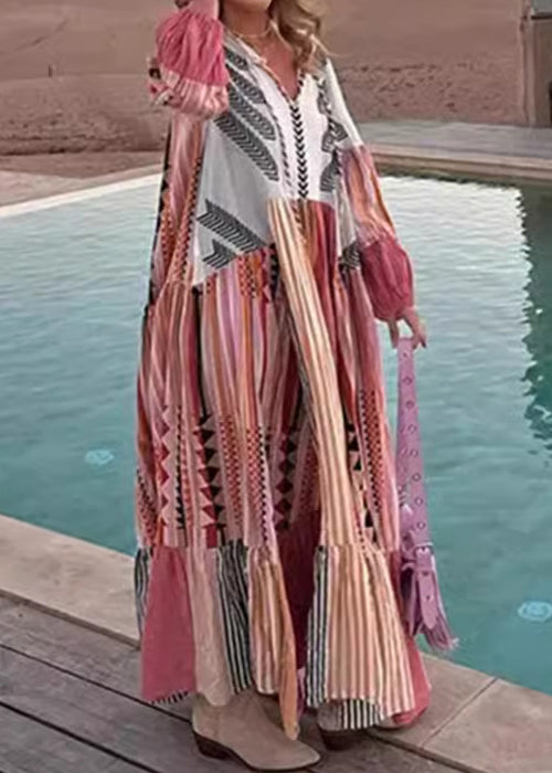 LB | Bohemian Colorblock Lace Up Print Bawełniana sukienka maxi z długim rękawem