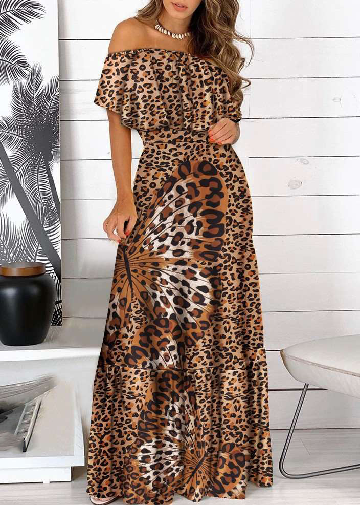 LB | Bohemian Yellow Cold Shoulder Print Plisowana sukienka maxi z krótkim rękawem