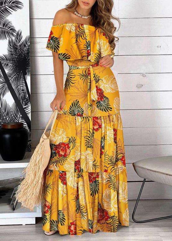 LB | Bohemian Yellow Cold Shoulder Print Plisowana sukienka maxi z krótkim rękawem