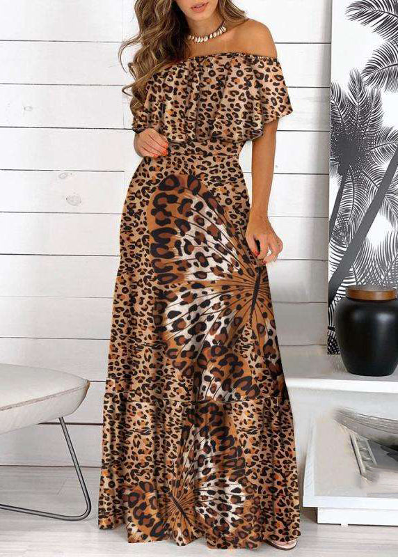 LB | Bohemian Yellow Cold Shoulder Print Plisowana sukienka maxi z krótkim rękawem