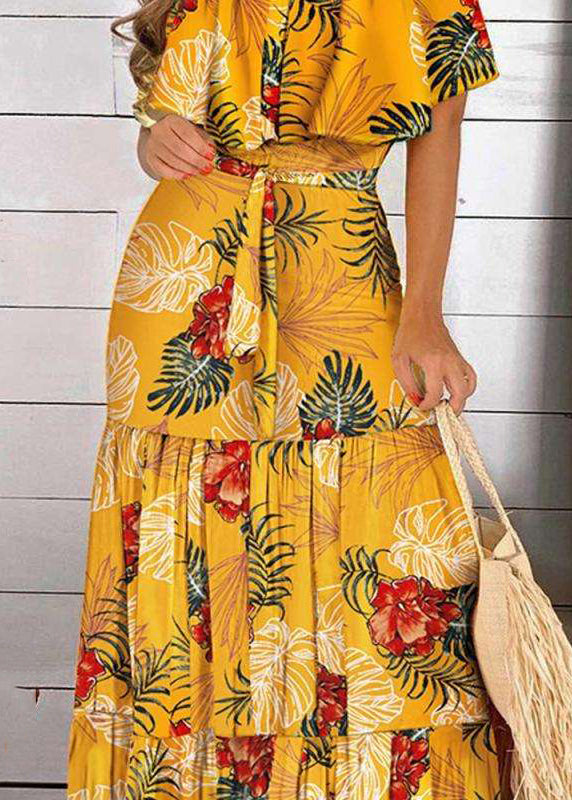 LB | Bohemian Yellow Cold Shoulder Print Plisowana sukienka maxi z krótkim rękawem