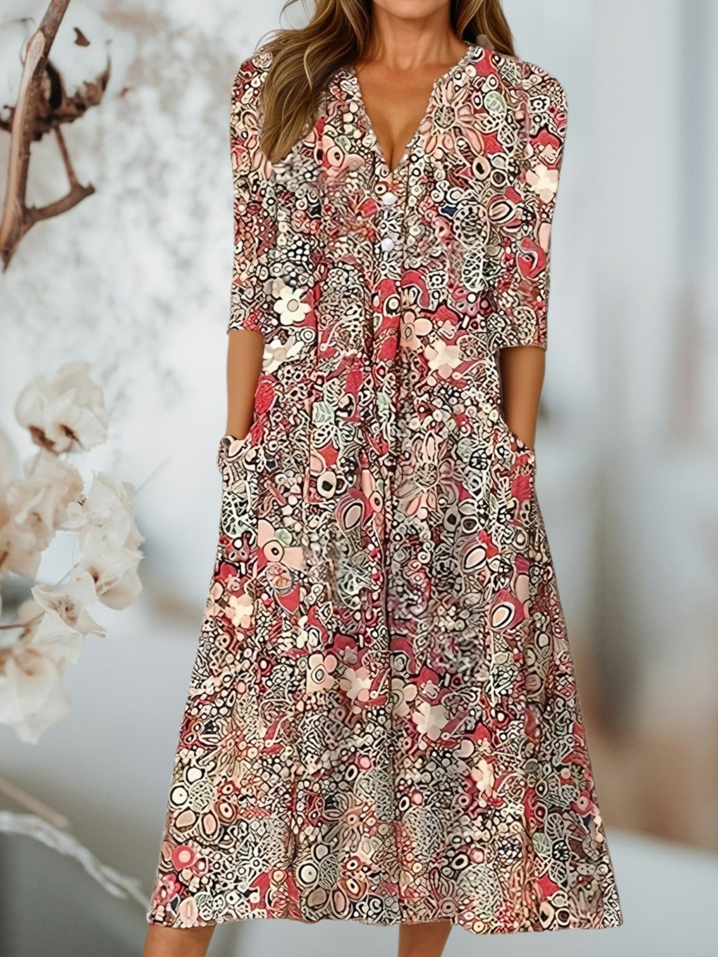 LB | Letnia sukienka midi w stylu boho z lekkiej mieszanki bawełny