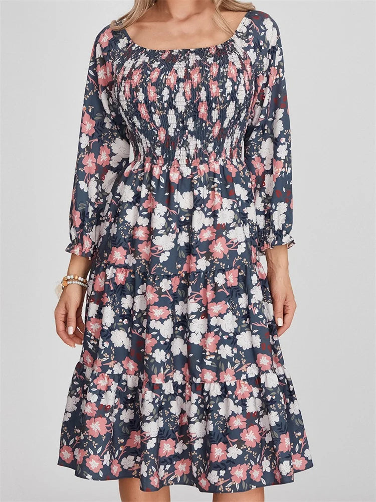 LB | Bohemian Floral Print Sukienka midi z długim rękawem i wysokim stanem w linii A