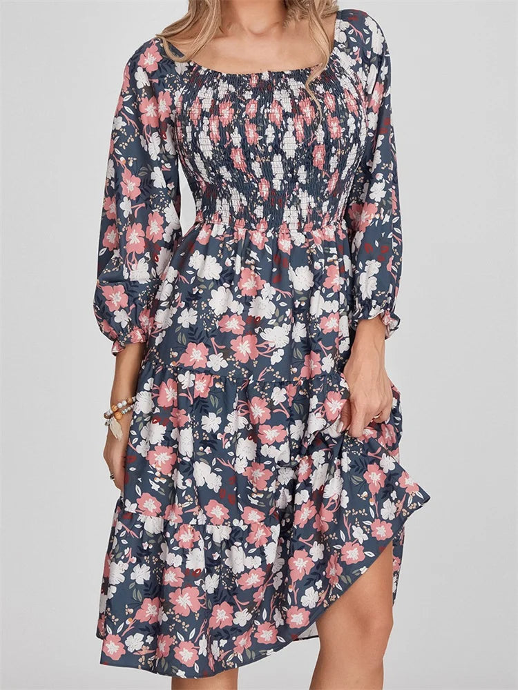 LB | Bohemian Floral Print Sukienka midi z długim rękawem i wysokim stanem w linii A