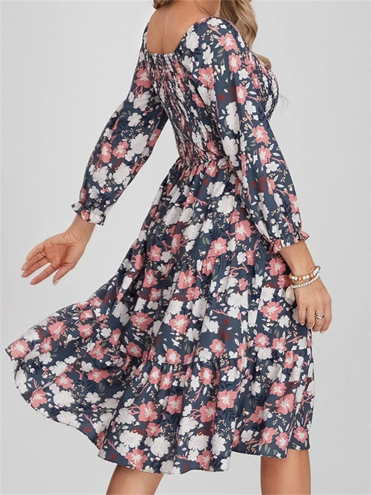 LB | Bohemian Floral Print Sukienka midi z długim rękawem i wysokim stanem w linii A