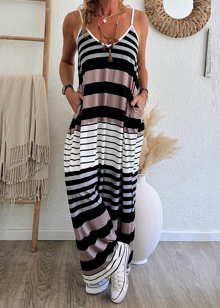 LB | Casualowa sukienka maxi na ramiączkach lato V-neck w paski z kieszeniami