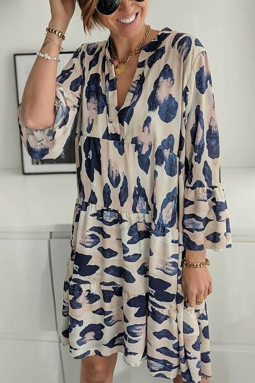 LB | Leoaprd V-neck sukienka mini z długim rękawem