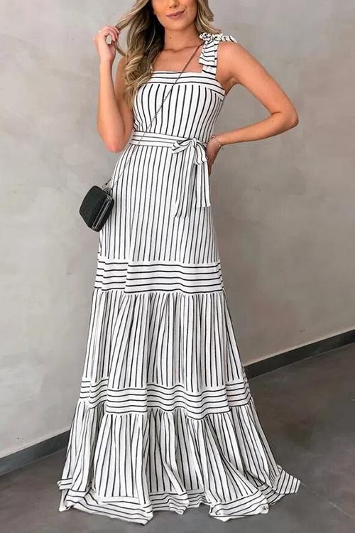 LB | Sukienka maxi w paski z paskiem i muszką