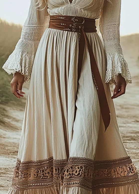 LB | Elegancka beżowa wydrążona tunika maxi sukienka lato