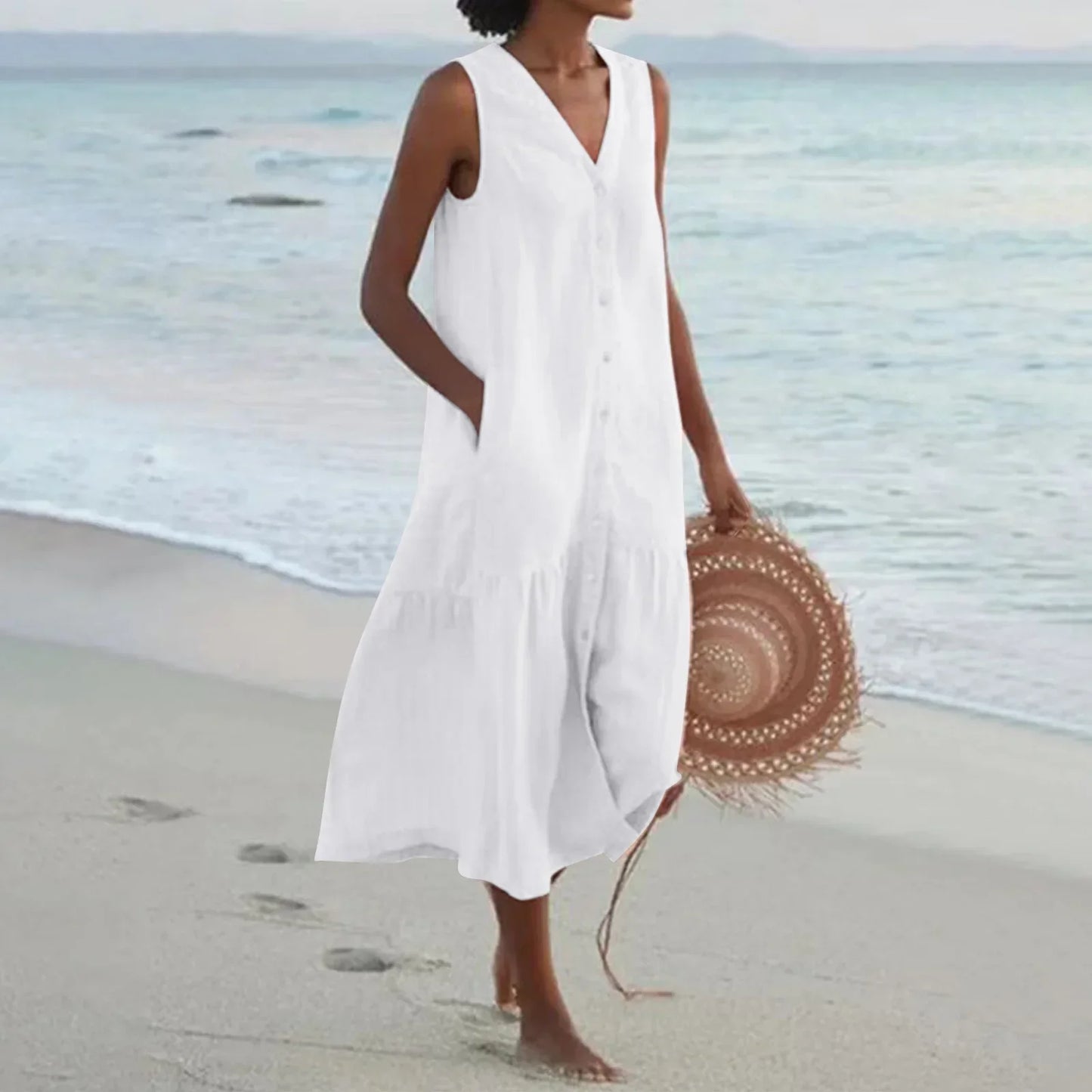 LB | 2024 Elegancka koszulowa letnia sukienka bez rękawów z dekoltem w szpic Harajuku Maxi Dress