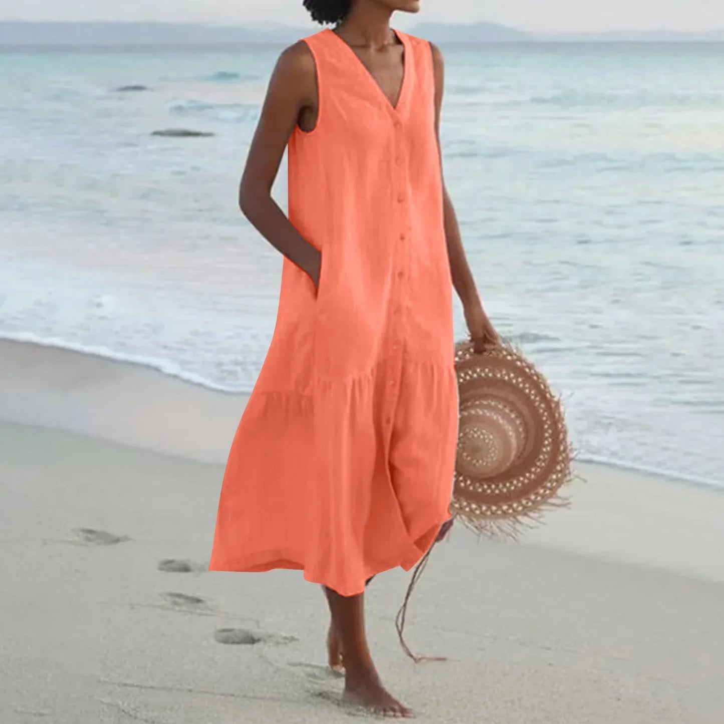 LB | 2024 Elegancka koszulowa letnia sukienka bez rękawów z dekoltem w szpic Harajuku Maxi Dress