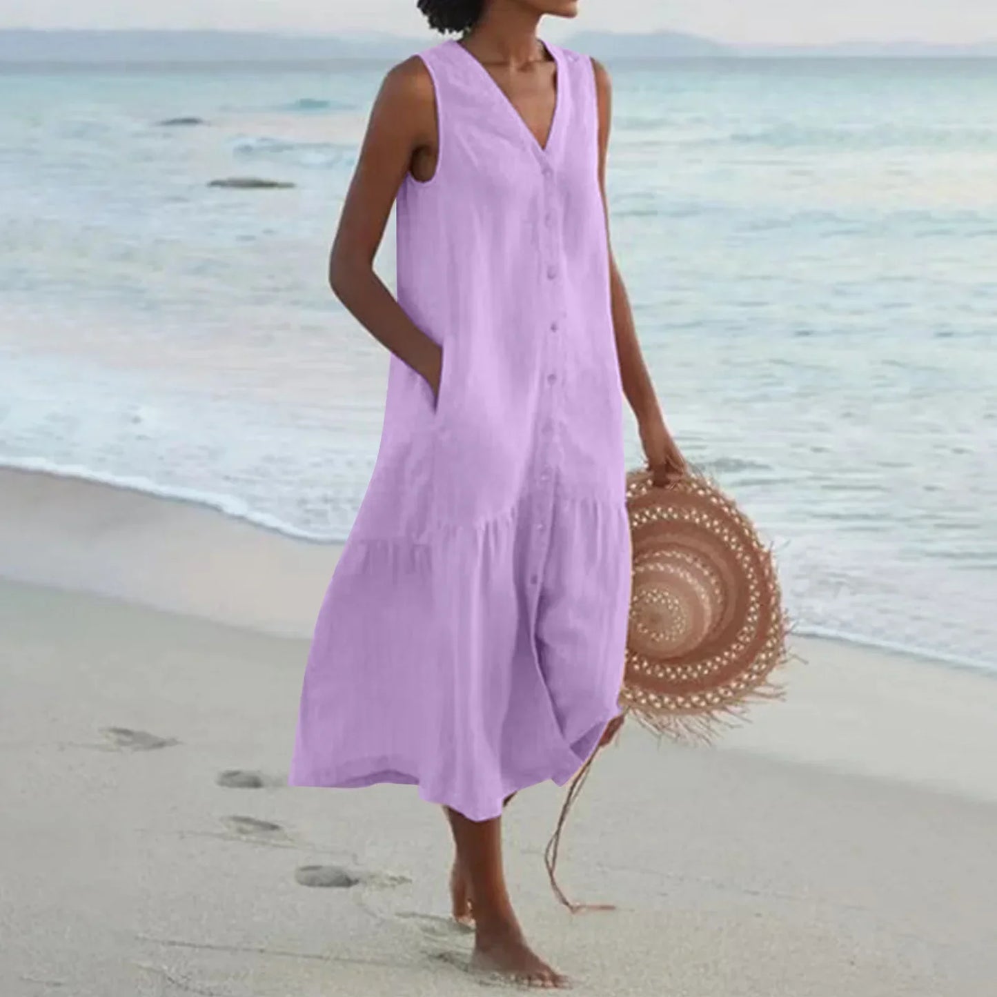 LB | 2024 Elegancka koszulowa letnia sukienka bez rękawów z dekoltem w szpic Harajuku Maxi Dress
