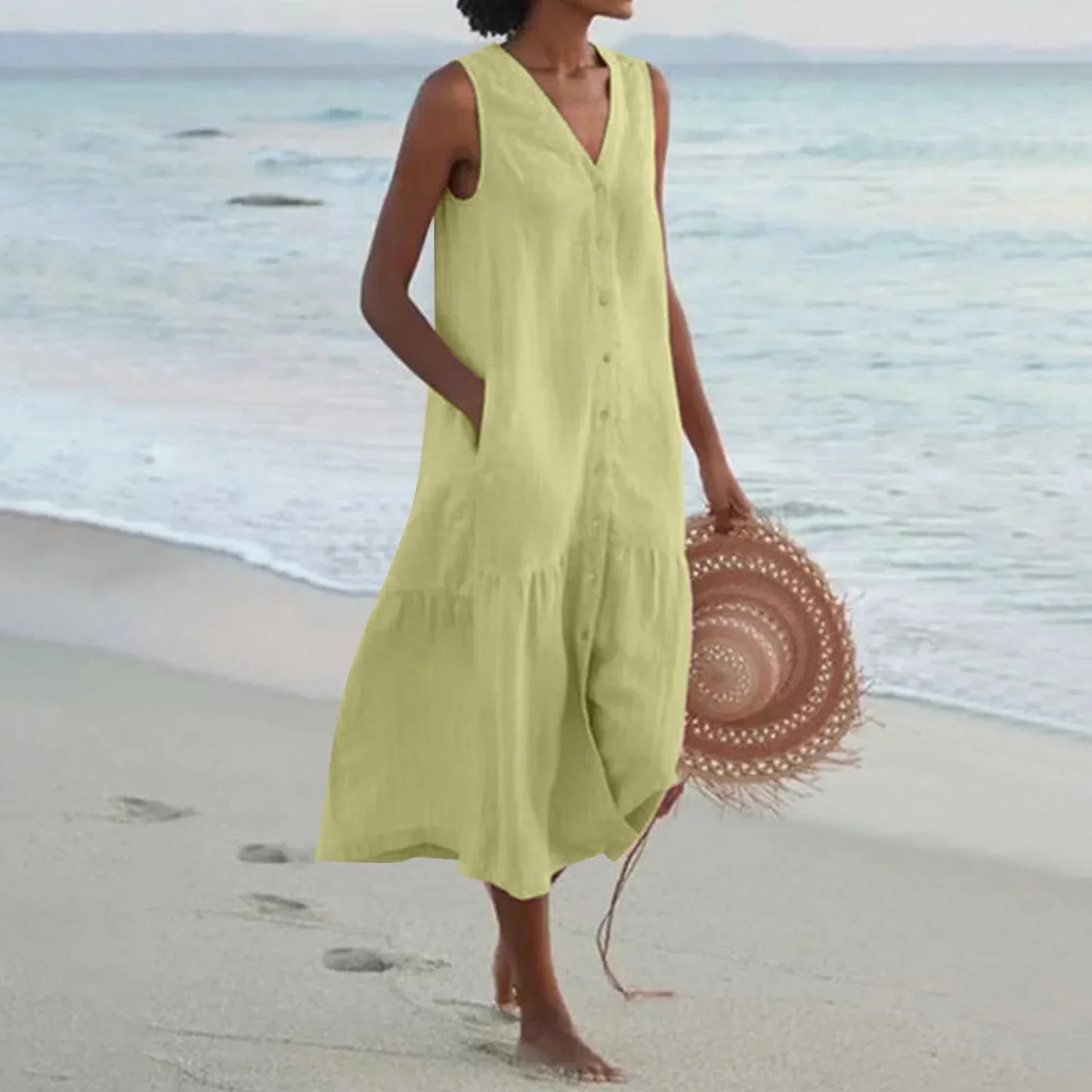 LB | 2024 Elegancka koszulowa letnia sukienka bez rękawów z dekoltem w szpic Harajuku Maxi Dress