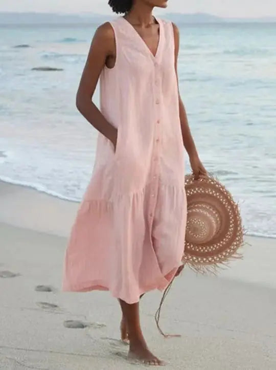 LB | 2024 Elegancka koszulowa letnia sukienka bez rękawów z dekoltem w szpic Harajuku Maxi Dress