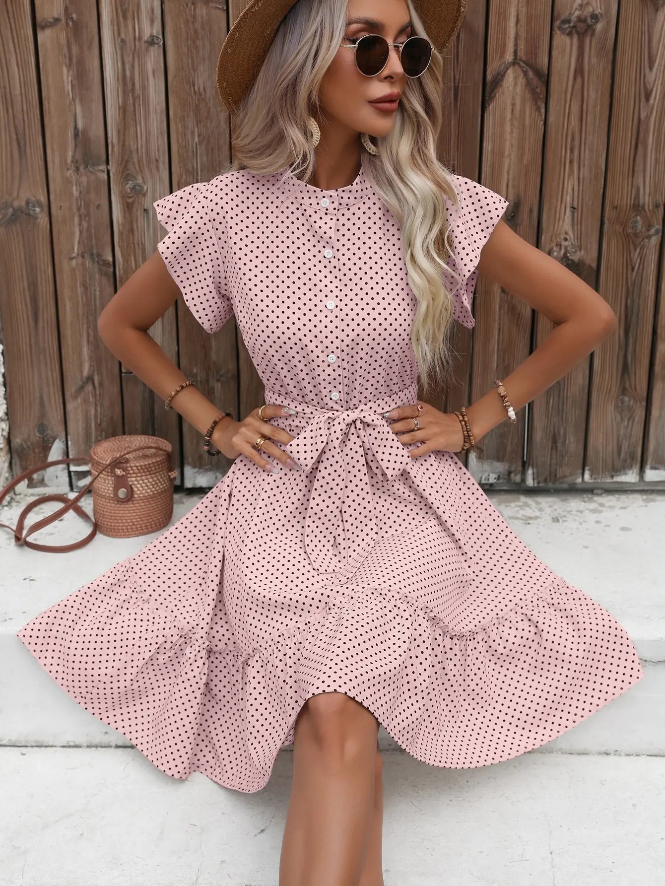 LB | American Polka Dot Printed Butterfly Sleeves Ruffled Edges Wide Pine Hem Waistband Midi Dresses
