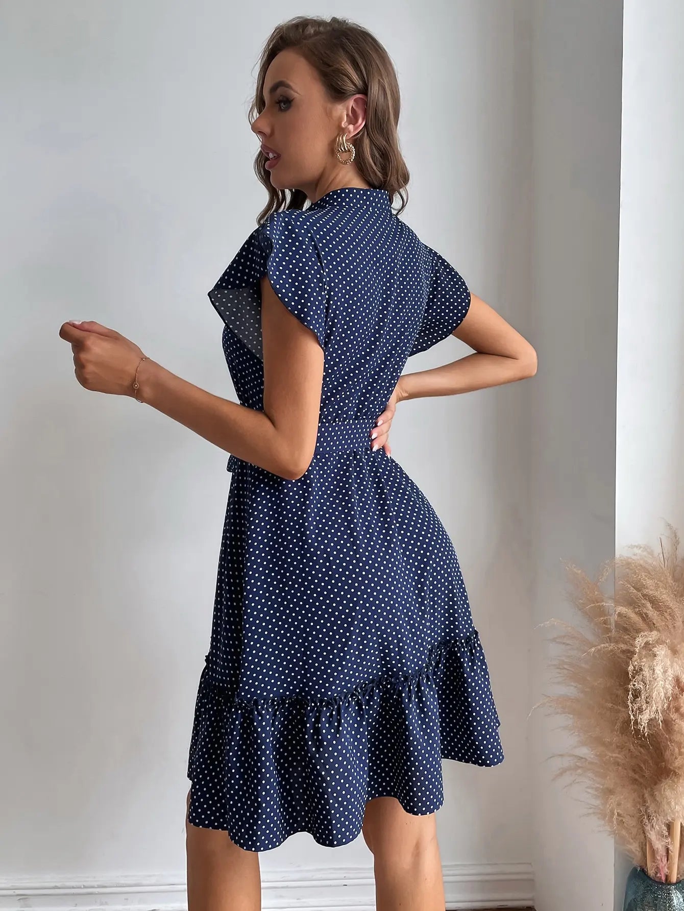 LB | American Polka Dot Printed Butterfly Sleeves Ruffled Edges Wide Pine Hem Waistband Midi Dresses