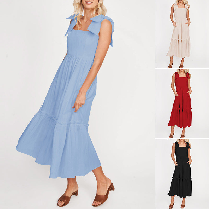 LB | Ladies One Colour Tie Shoulder Ruffle Hem Maxi Dress