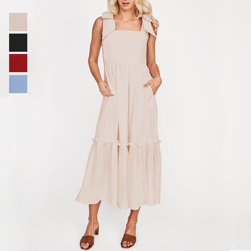 LB | Ladies One Colour Tie Shoulder Ruffle Hem Maxi Dress