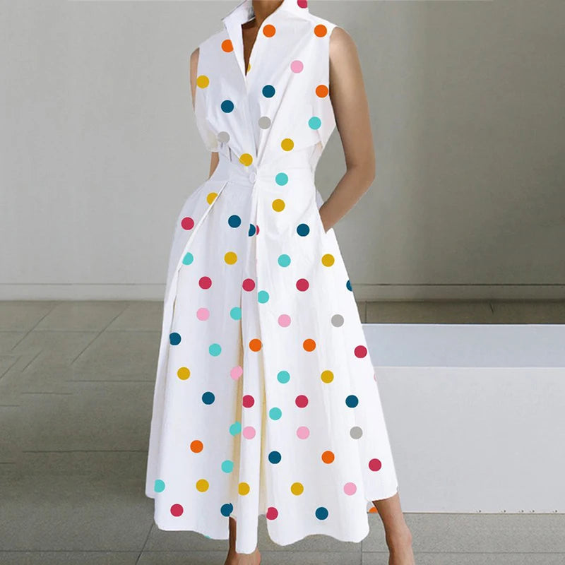 LB | Casual Turn-down Collar Printed Sleeveless Loose Elegant Slim Fit Midi Dresses