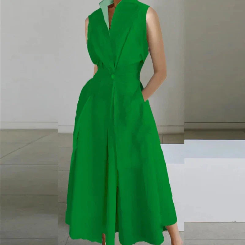 LB | Casual Turn-down Collar Printed Sleeveless Loose Elegant Slim Fit Midi Dresses