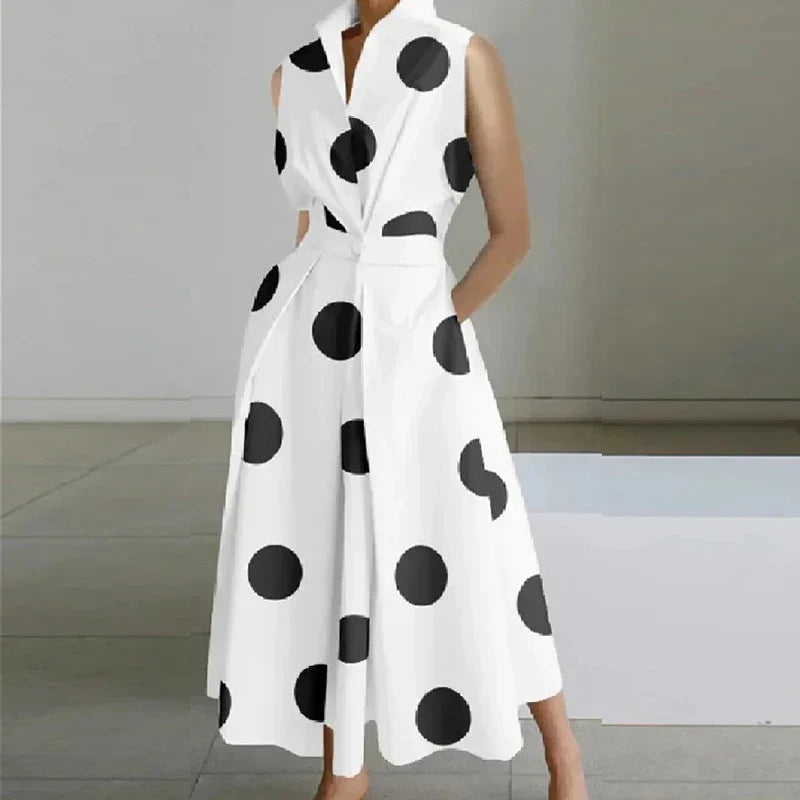 LB | Casual Turn-down Collar Printed Sleeveless Loose Elegant Slim Fit Midi Dresses