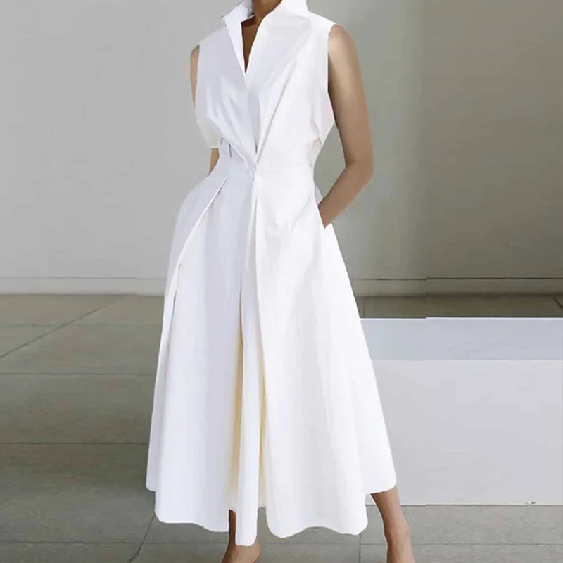LB | Casual Turn-down Collar Printed Sleeveless Loose Elegant Slim Fit Midi Dresses