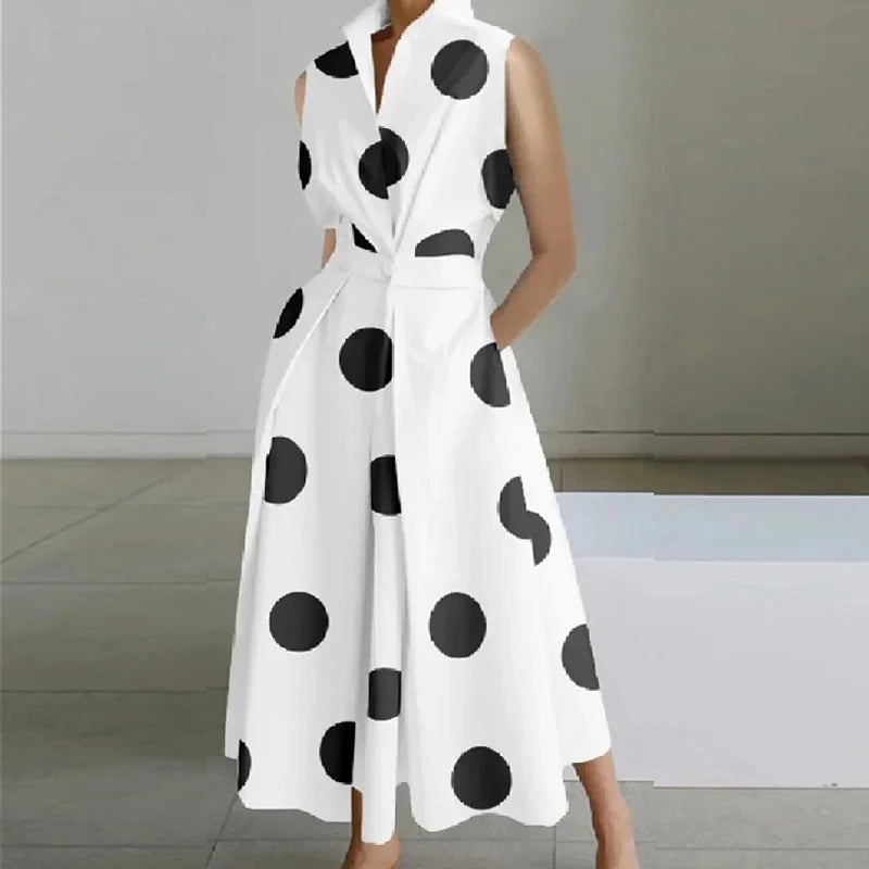 LB | Casual Turn-down Collar Printed Sleeveless Loose Elegant Slim Fit Midi Dresses