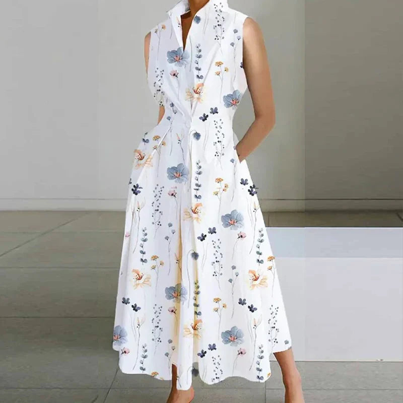 LB | Casual Turn-down Collar Printed Sleeveless Loose Elegant Slim Fit Midi Dresses