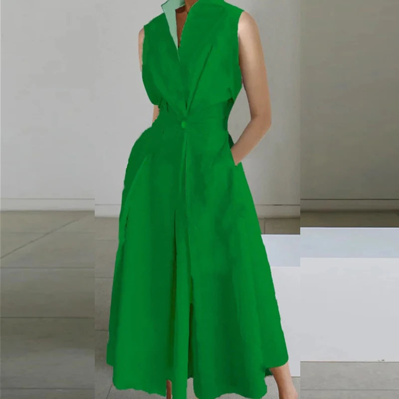 LB | Casual Turn-down Collar Printed Sleeveless Loose Elegant Slim Fit Midi Dresses