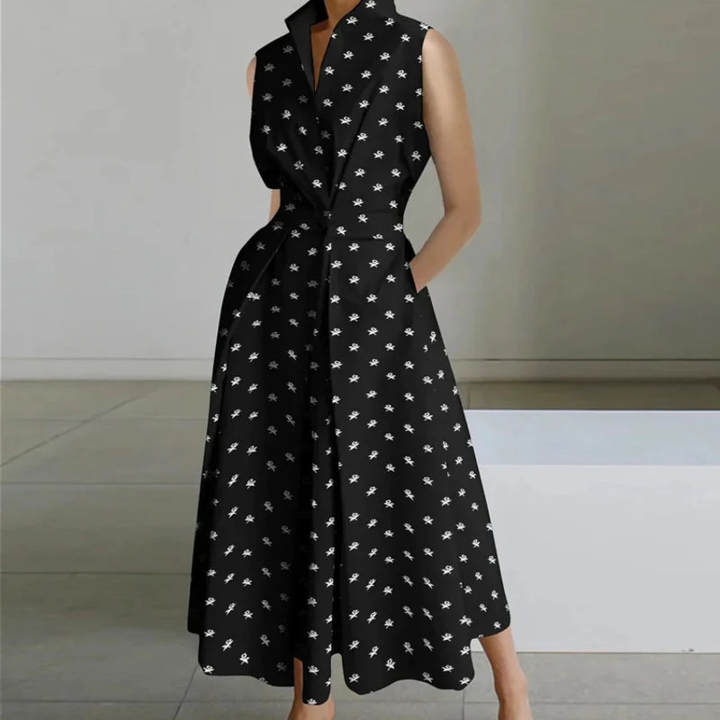 LB | Casual Turn-down Collar Printed Sleeveless Loose Elegant Slim Fit Midi Dresses